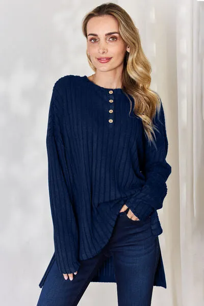 Ribbed Half Button High-Low Top- 5 Colors (Sky, Green, Pink, Red, Blue)