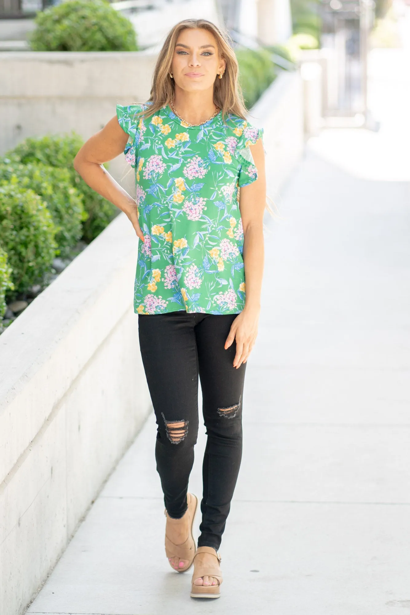 Round Neck Ruffled Floral Knit Top