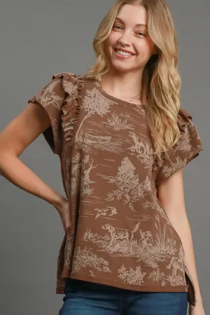 Ruffled Toile Print French Terry Top - Brown