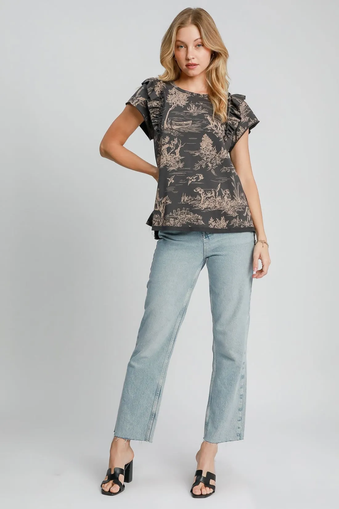 Ruffled Toile Print French Terry Top - Grey