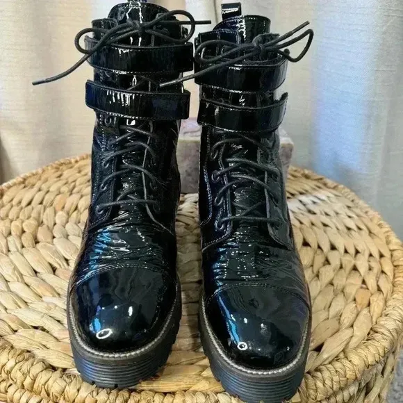 Shellys London Tyra Combat, Moto Boots Patent Leather Black Size 38