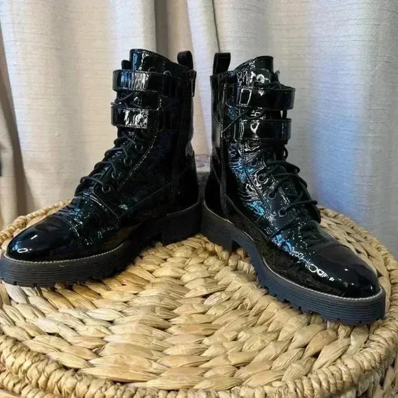 Shellys London Tyra Combat, Moto Boots Patent Leather Black Size 38