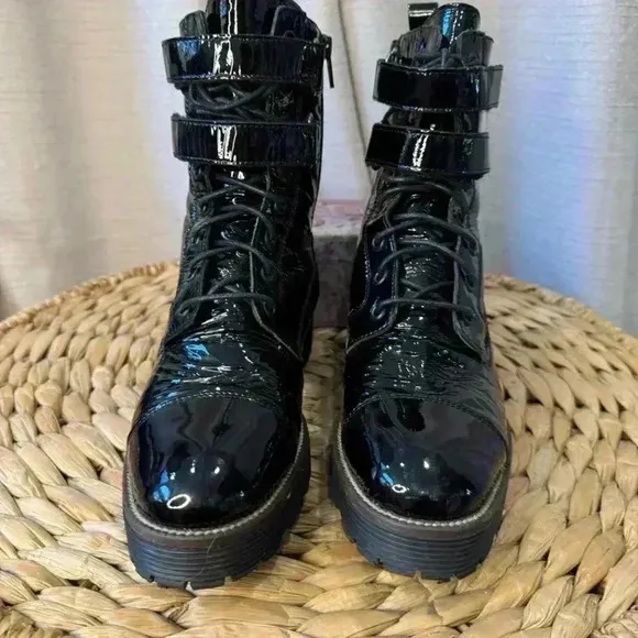 Shellys London Tyra Combat, Moto Boots Patent Leather Black Size 38