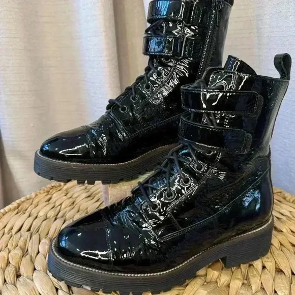 Shellys London Tyra Combat, Moto Boots Patent Leather Black Size 38