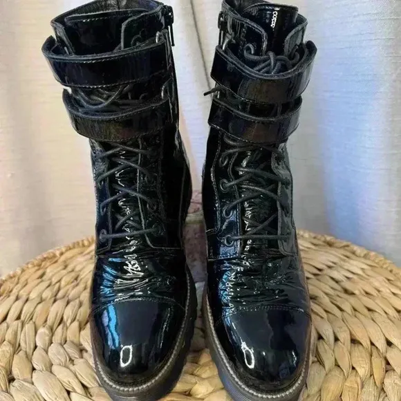 Shellys London Tyra Combat, Moto Boots Patent Leather Black Size 38