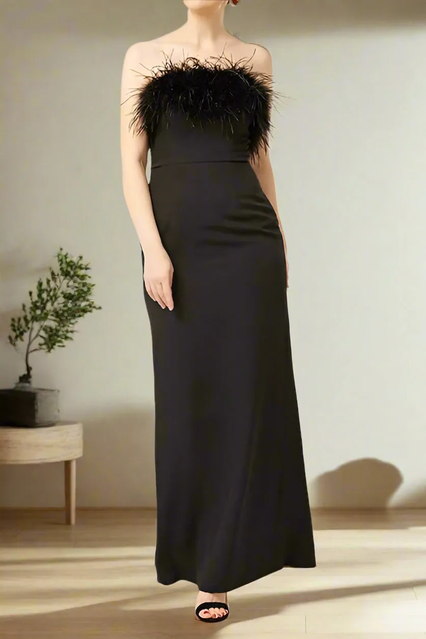 Simple Black Strapless Sheath Ankle Length Prom Dress with Feathers
