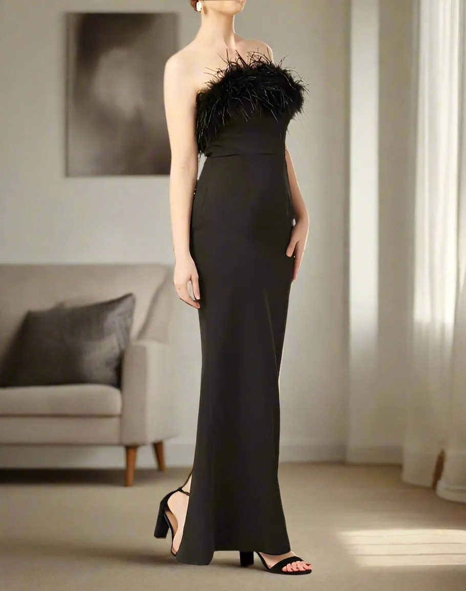 Simple Black Strapless Sheath Ankle Length Prom Dress with Feathers