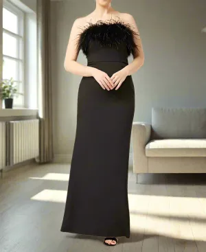 Simple Black Strapless Sheath Ankle Length Prom Dress with Feathers