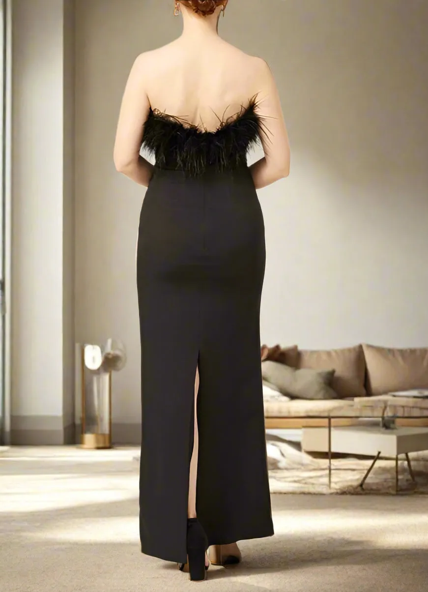 Simple Black Strapless Sheath Ankle Length Prom Dress with Feathers