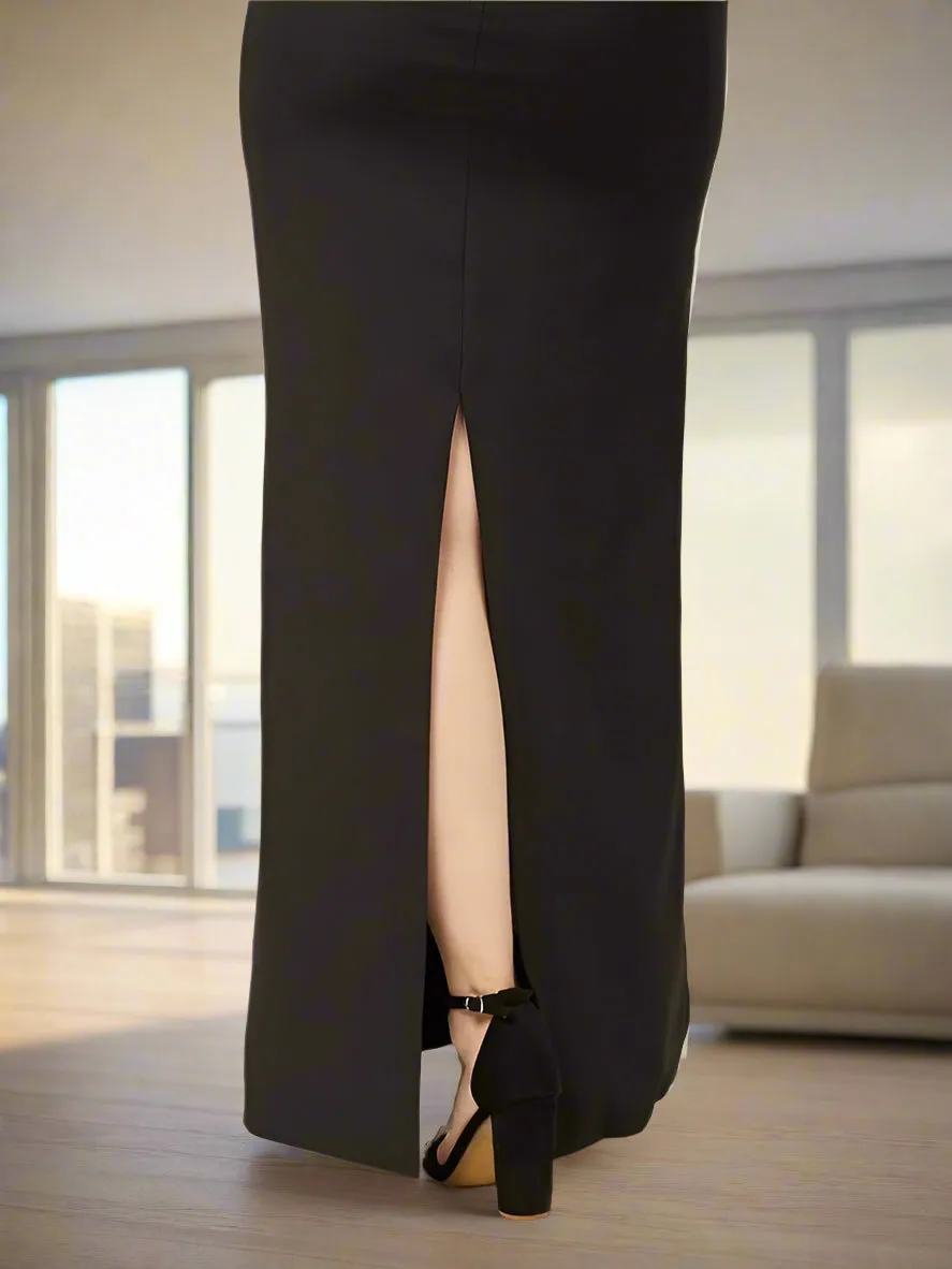 Simple Black Strapless Sheath Ankle Length Prom Dress with Feathers
