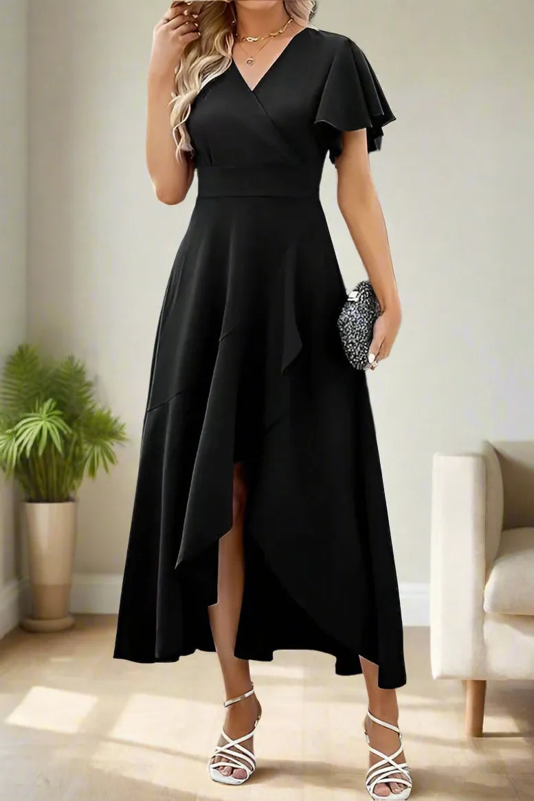 Simple Short Sleeve V Neck Ankle Length A-Line Wedding Party Dress