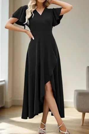 Simple Short Sleeve V Neck Ankle Length A-Line Wedding Party Dress