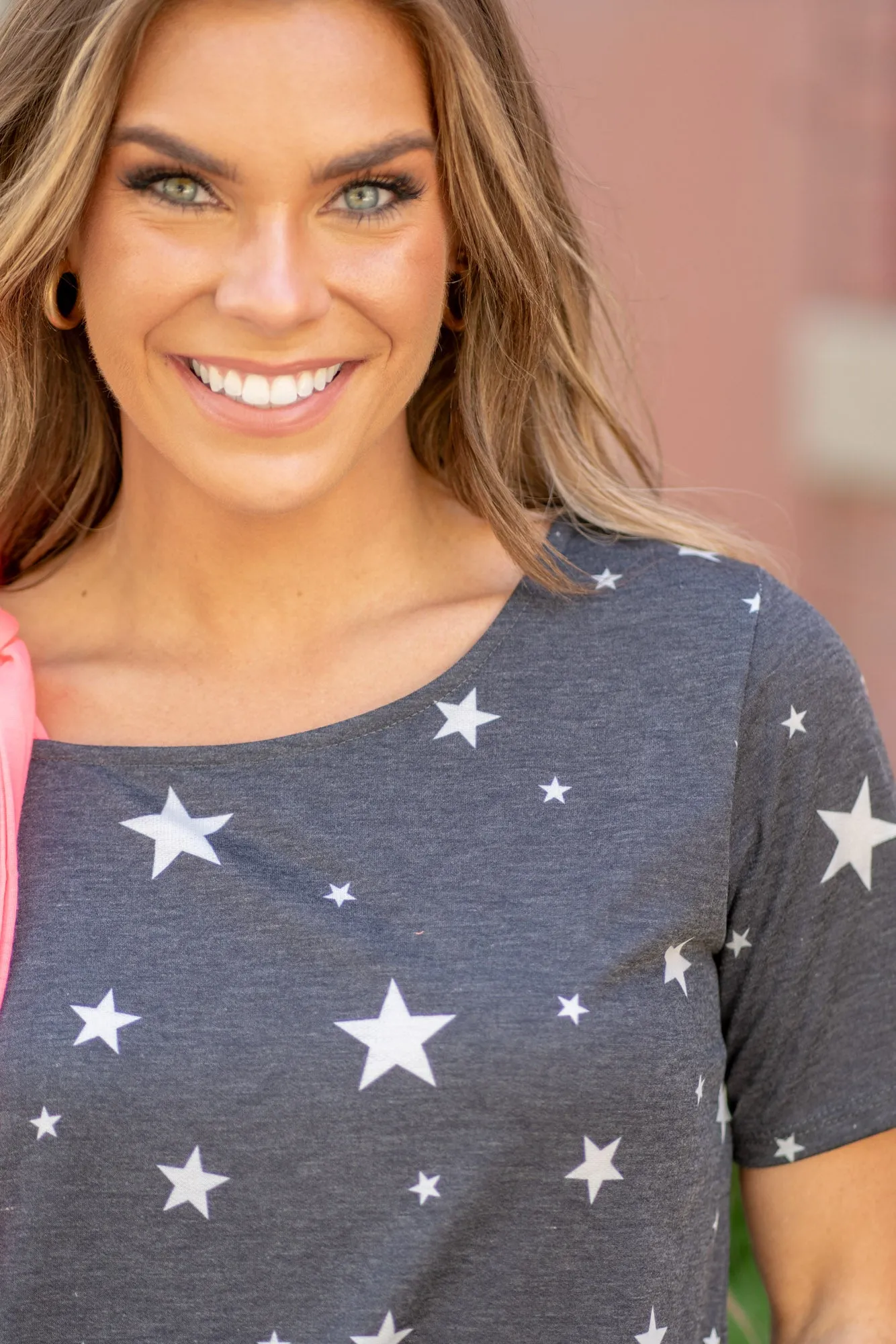 Star Print Asymmetrical Neck Short Sleeve Top Regular & Plus Sizes