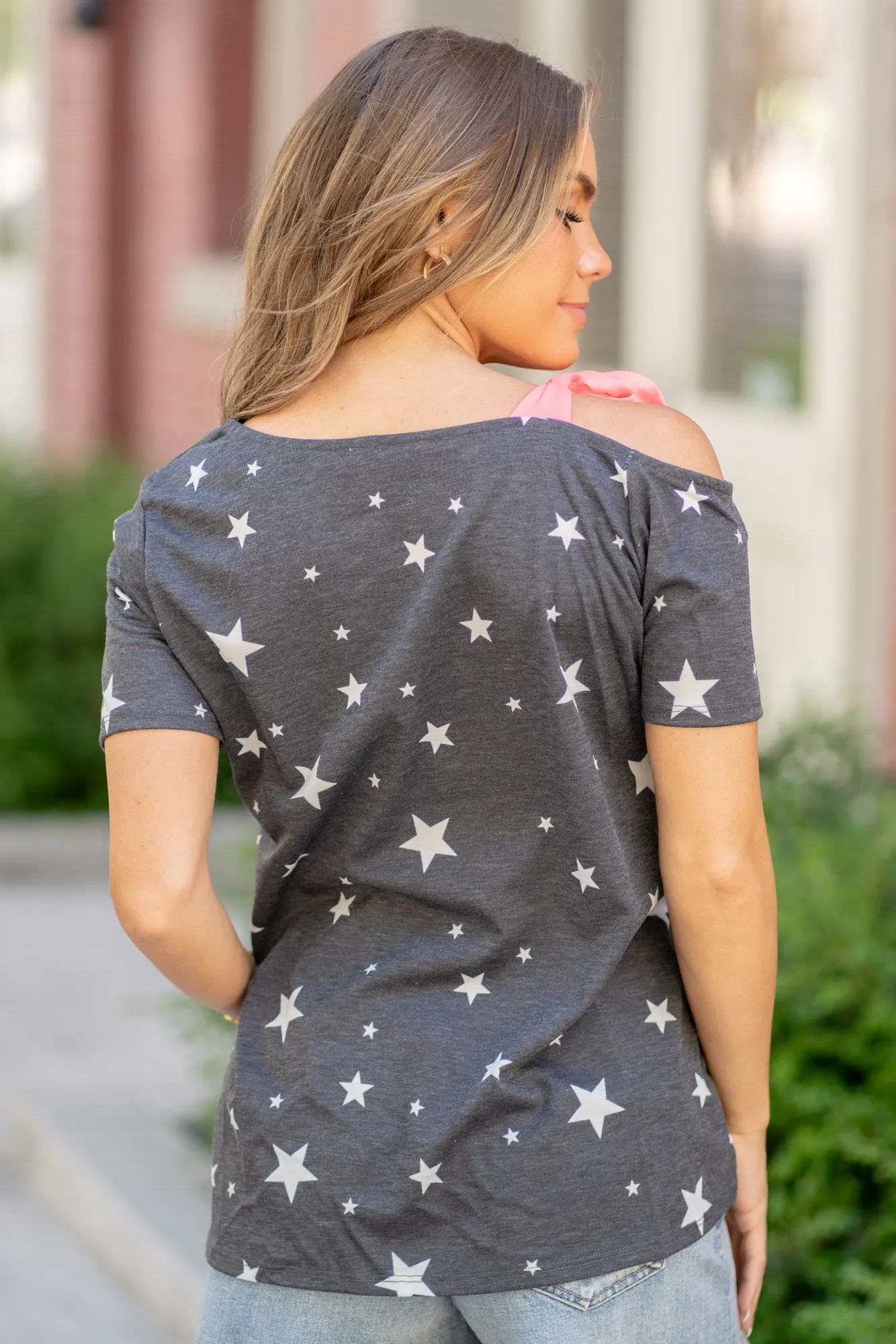 Star Print Asymmetrical Neck Short Sleeve Top Regular & Plus Sizes
