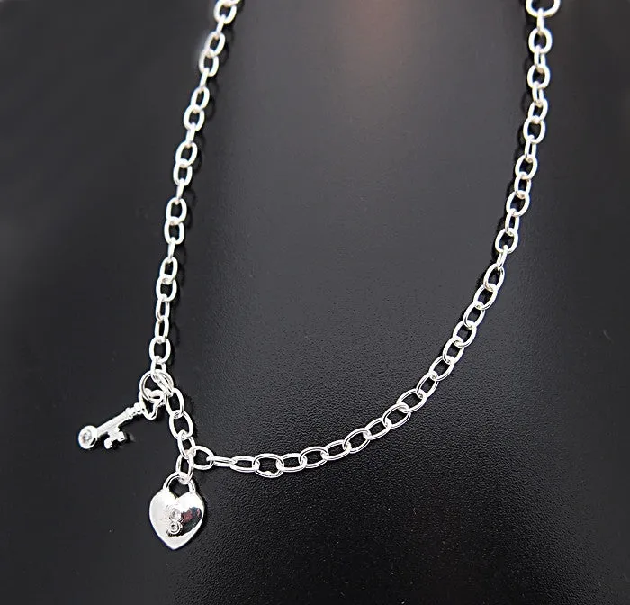 Sterling Silver Heart and Key Ankle Bracelet