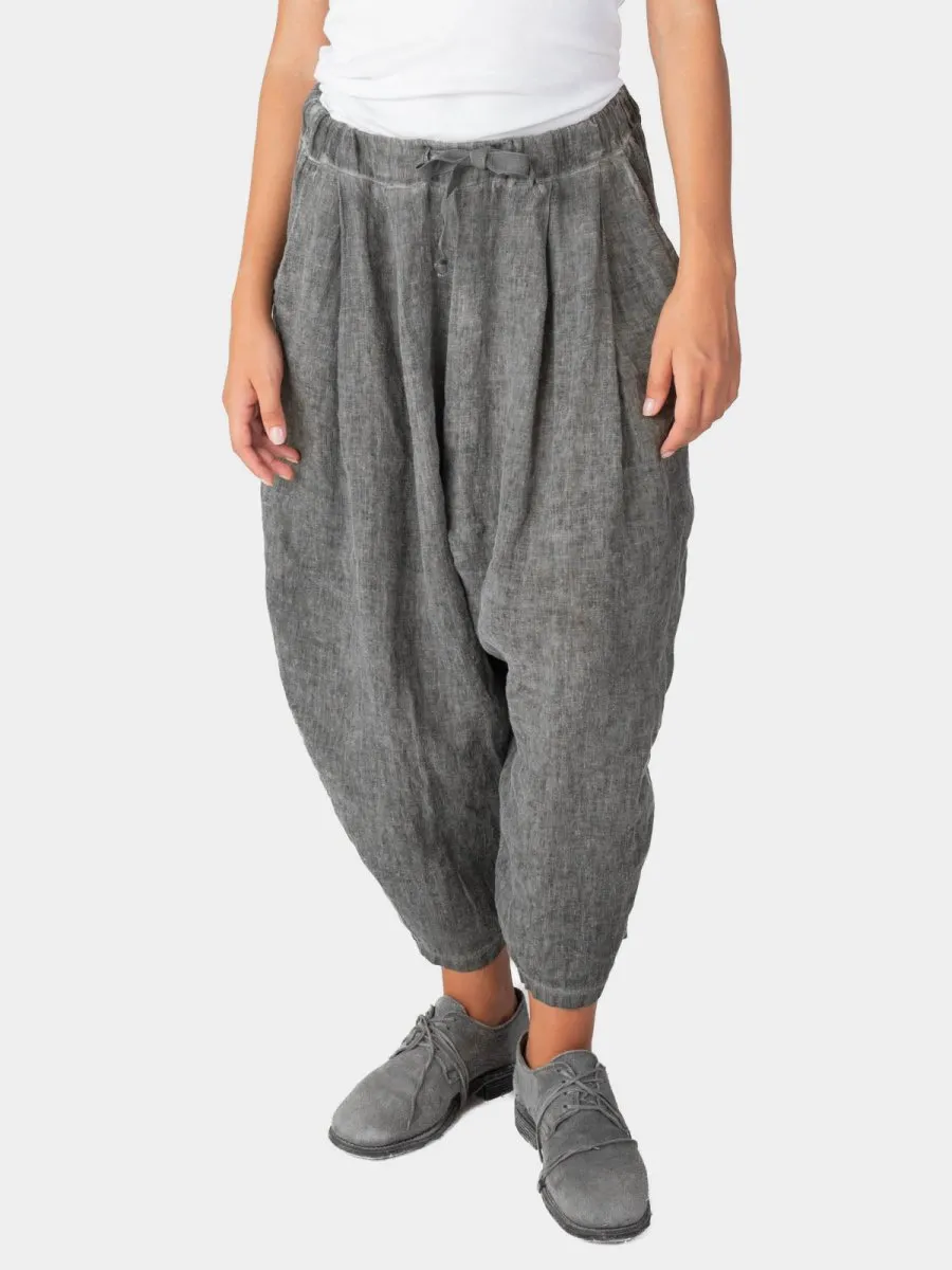 Stonewashed Linen Elastic Tie Waist Cropped Pants