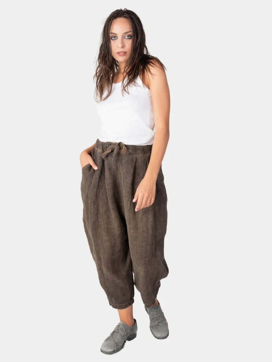 Stonewashed Linen Elastic Tie Waist Cropped Pants