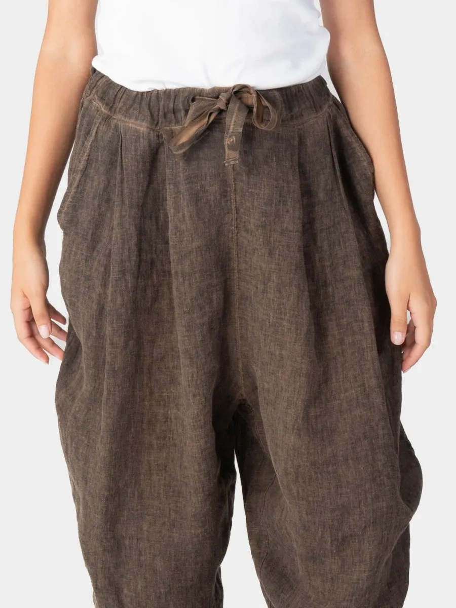 Stonewashed Linen Elastic Tie Waist Cropped Pants