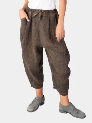 Stonewashed Linen Elastic Tie Waist Cropped Pants