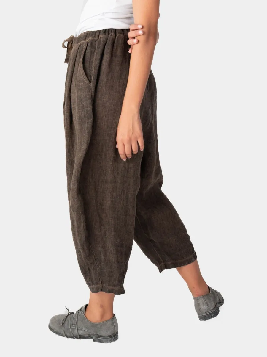 Stonewashed Linen Elastic Tie Waist Cropped Pants