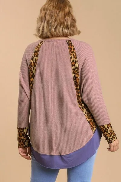 Umgee Full Size Leopard High-Low Dolman Sleeve Waffle Knit Top Plus Size