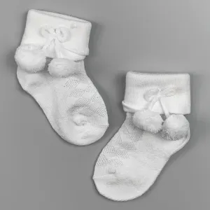 Unisex baby ankle socks with Pom Poms White