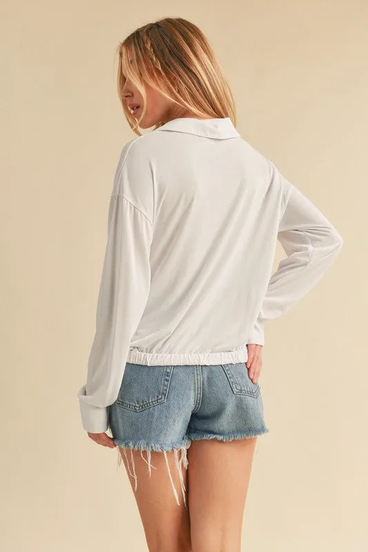 White Twisted Hemline Button Detail Collared Neck Top