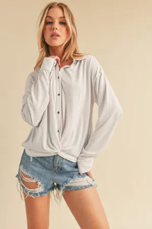 White Twisted Hemline Button Detail Collared Neck Top