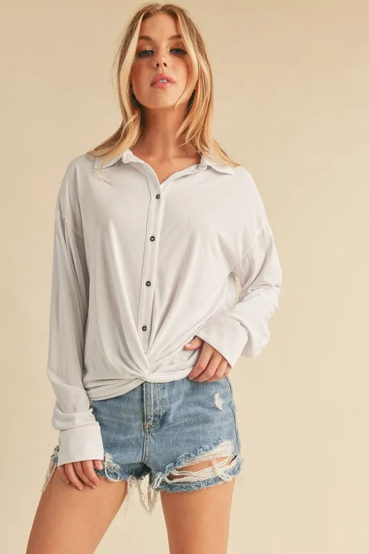 White Twisted Hemline Button Detail Collared Neck Top