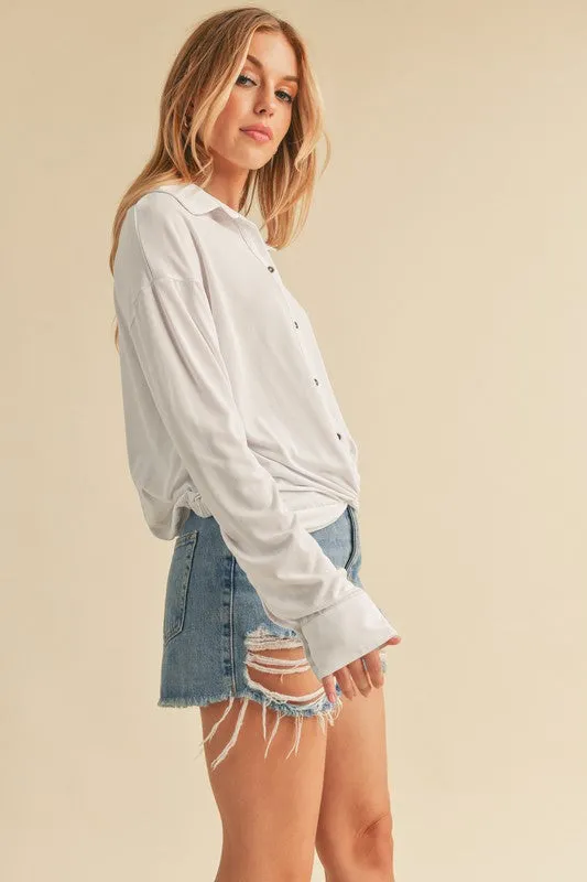 White Twisted Hemline Button Detail Collared Neck Top