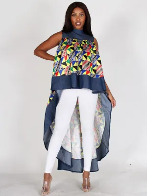 WOMEN'S SLEEVELESS MOCK NECK MULTI PRINT HIGH-LOW TUNIC TOP