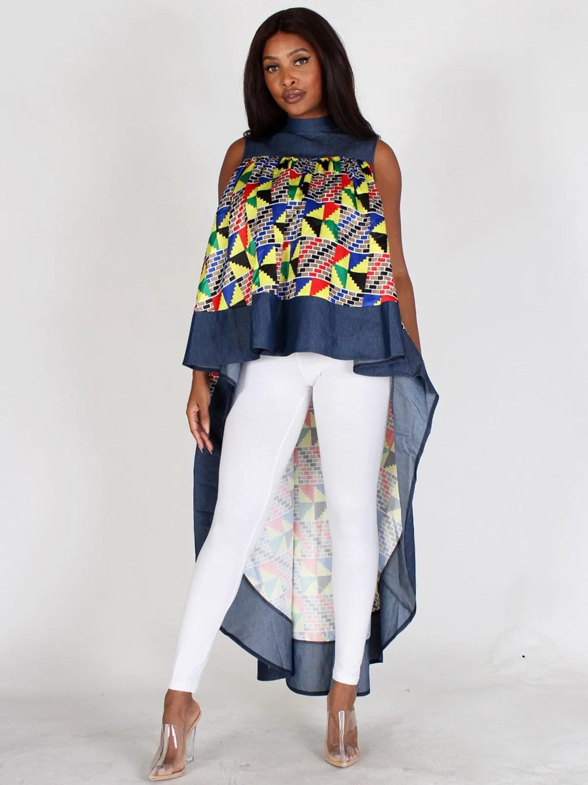 WOMEN'S SLEEVELESS MOCK NECK MULTI PRINT HIGH-LOW TUNIC TOP